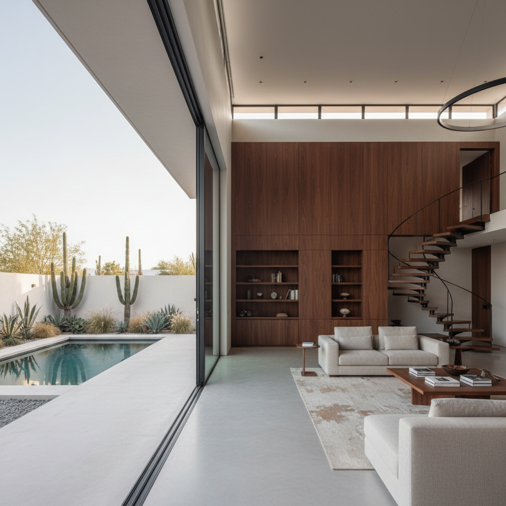 A luxurious double-height living space in a modern Mexican home, featuring a seamless integration of interior and exterior. Smooth concrete floors extend toward a sliding glass wall that fully retracts onto a minimalist patio with desert plants and a small rectangular plunge pool. Custom-built wooden cabinetry in rich walnut tones lines one side, while a sculptural floating staircase in steel and wood anchors the opposite wall. Soft, filtered daylight enters from clerestory windows, creating gentle contrasts and highlighting materials. Captured from a slightly elevated corner with sharp focus throughout, the photographic realism and clean, modern aesthetic convey warmth, spatial clarity, and sophisticated comfort without showing any people.