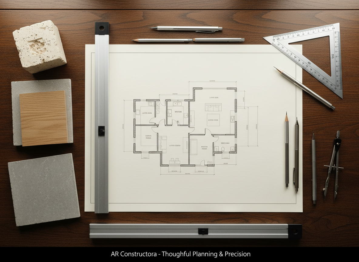 A meticulously detailed architectural floor plan of a family home laid out on a dark oak drafting table, printed in clean black lines over slightly warm white paper. Around it, high-quality metal drafting tools, a precision scale, and neatly stacked material samples of cantera stone, light oak wood, and textured concrete create an organized frame. Indirect studio lighting from above creates soft highlights on metal edges and gentle shadows between objects, emphasizing depth. Shot from a bird’s-eye view with sharp focus across the entire image, the photographic realism and minimalist composition communicate rigor, precision, and the thoughtful planning behind each AR Constructora project, with no human presence visible.