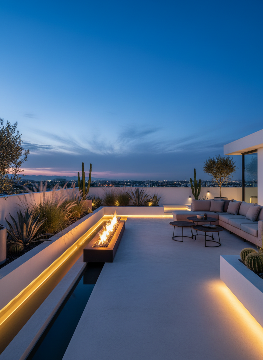 A twilight view of a sophisticated rooftop terrace in Querétaro, designed as an extension of a contemporary residence. Smooth light-gray concrete flooring meets low white parapet walls and a built-in planter filled with agave and native grasses. A linear fire feature in blackened steel runs along one edge, reflected in a narrow water rill nearby. The last blue light of dusk contrasts with the warm, indirect LED strip lighting concealed under benches and steps, casting a soft golden glow. Captured from an eye-level angle with a wide lens and strong depth of field, the photographic realism and calm, elegant atmosphere evoke intimate, refined outdoor living.